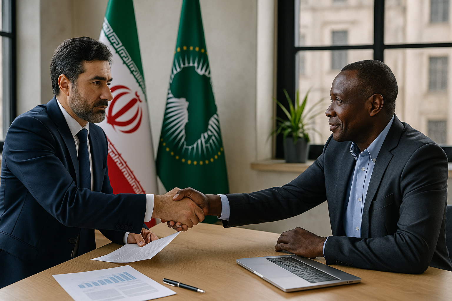 قراردادهای صادراتی با آفریقا — تصویر تجاری از امضای قرارداد میان تاجر ایرانی و آفریقایی در دفتر رسمی